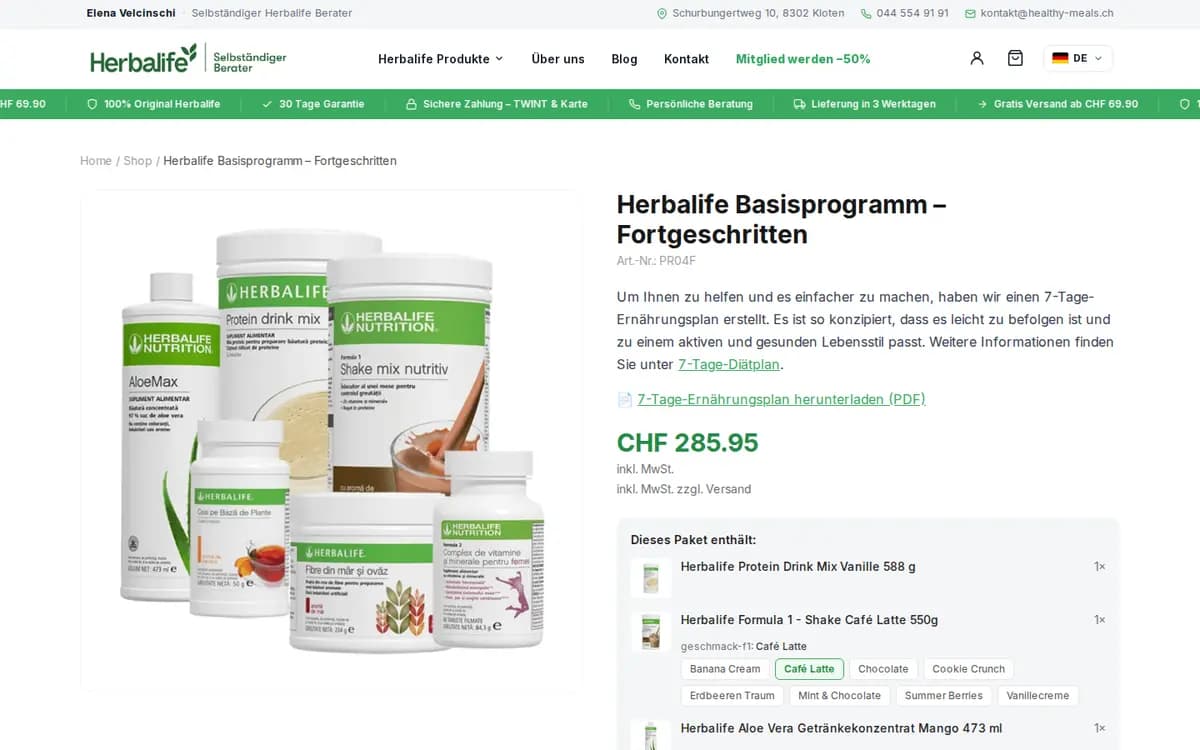 Healthy-Meals.ch – Pagină de produs pachet program