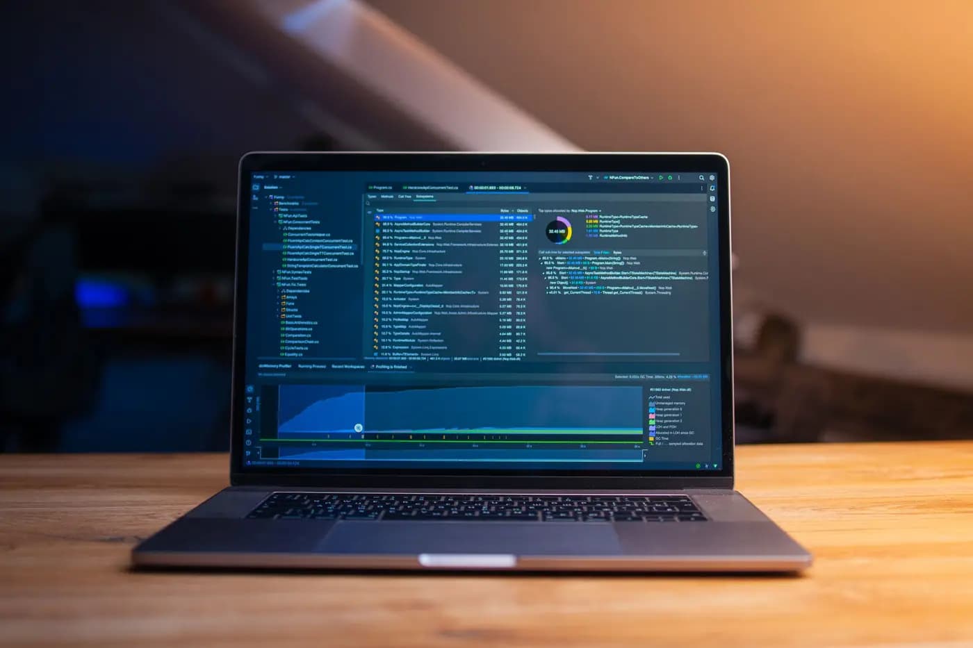 Laptop cu mediu de dezvoltare și analiză de performanță pe o masă de lemn