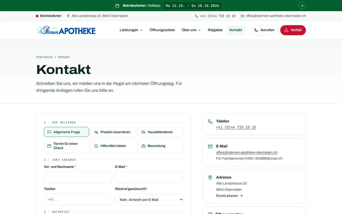 Sternen-Apotheke-Oberrieden.ch – Contact și solicitări